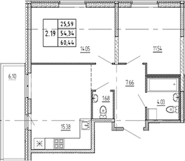 2-комнатная квартира 54.34 м², 12/22 эт., ЖК «Новые горизонты 2»